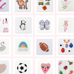 Collection of various small patches on a pink grid background
